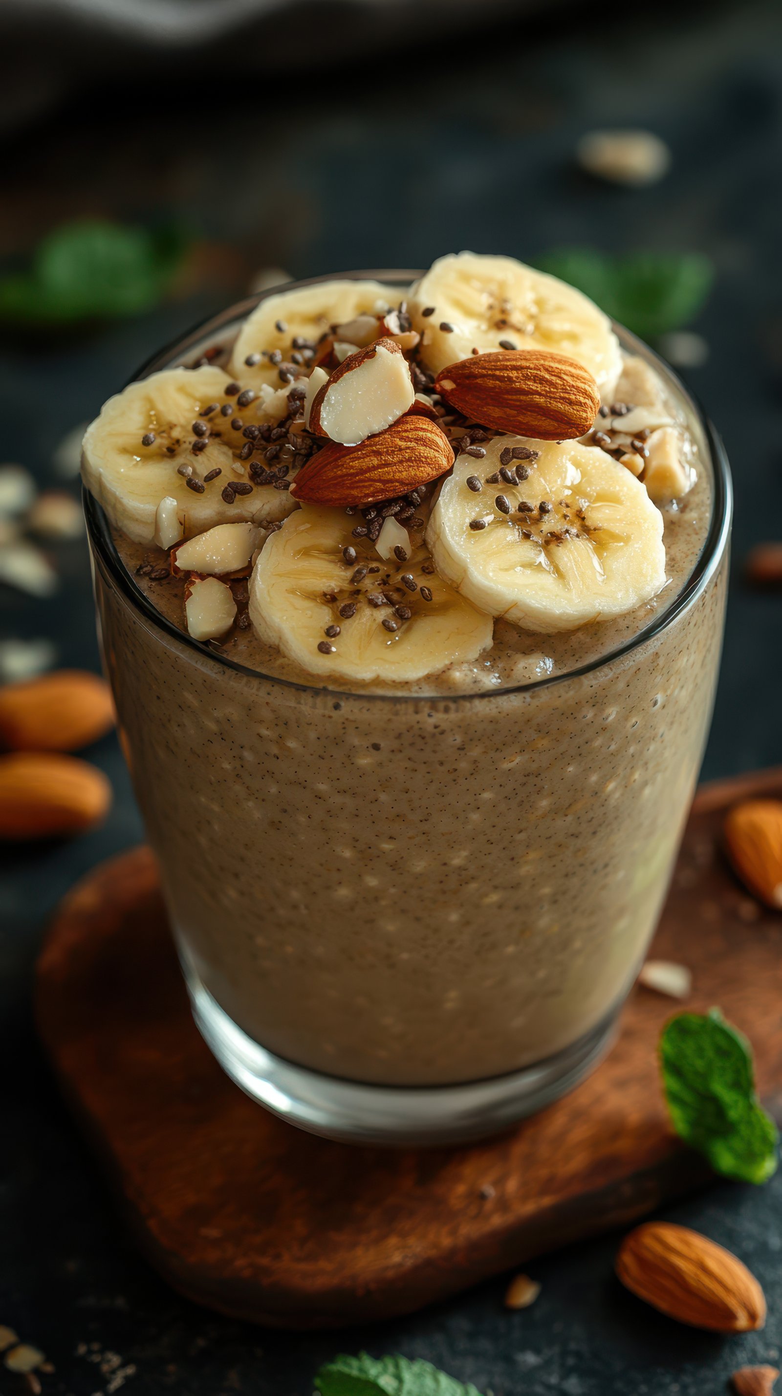 Healthy banana almond smoothie topped with chia seeds and nuts served in a clear glass